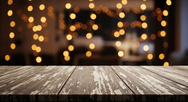Empty rustic wooden table surface with a blurry background of warm golden fairy lights for festive product display photography