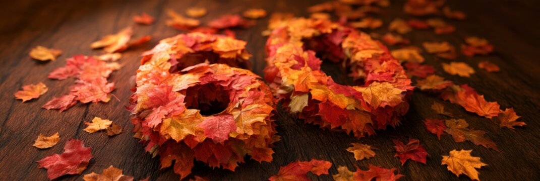 Number 60 is created from layered autumn leaves on a dark wood surface with warm sunlight surrounding it.