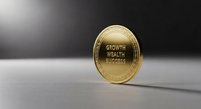 Golden coin featuring growth wealth and success engraved text standing upright on a clean grey surface in studio lighting