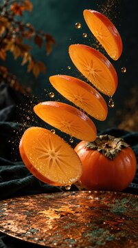 Flying persimmon fruit slices with dynamic splash and amber juice droplets on oxidized copper plate. Fresh exotic fruit pieces suspended in air with whole kaki fruit and dark background