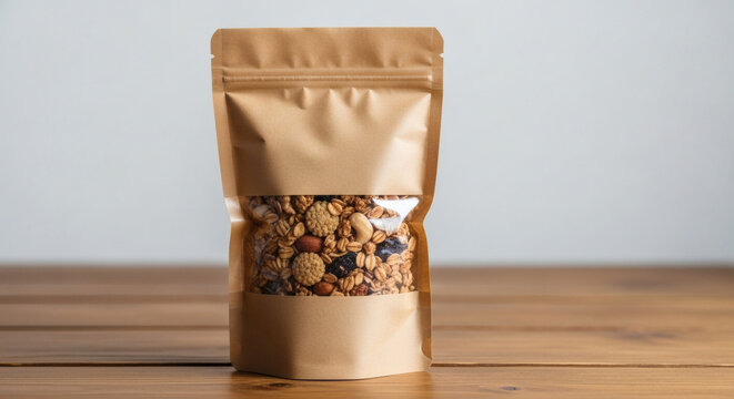 Granola pouch mockup containing healthy organic breakfast cereal with nuts and dried fruits sitting on a rustic wooden table surface