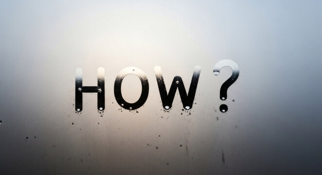 Question mark word written on a foggy window glass surface showing condensation droplets in a bright white studio light setting