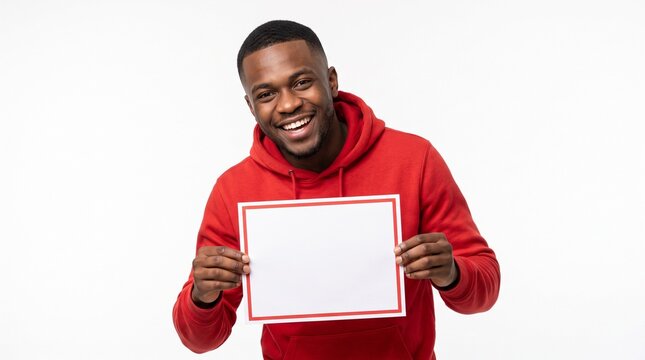 A smiling man in red clothing holds a blank sign.