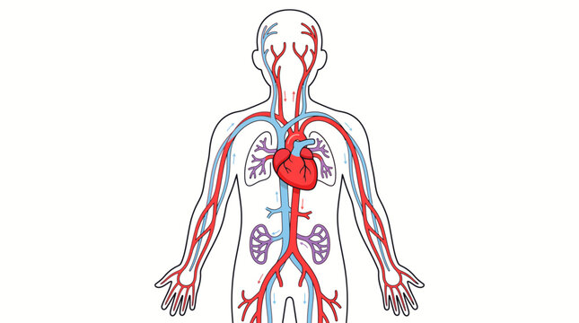 Educational vector illustration of the human circulatory system anatomy with heart, blood vessels, and organs