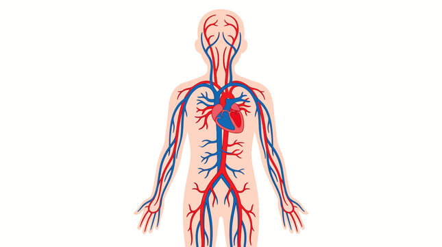 Human circulatory system diagram showing heart, veins, and arteries in human body silhouette, vector illustration