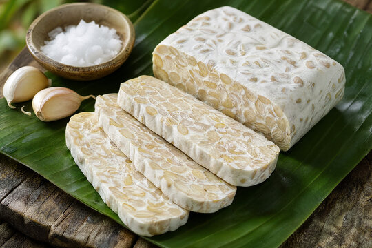 Fresh tempeh slices on a banana leaf