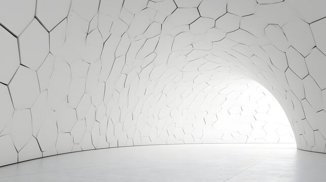 A futuristic white curved tunnel featuring abstract hexagonal patterns under bright lighting. Ideal for modern architecture and technology background concepts.