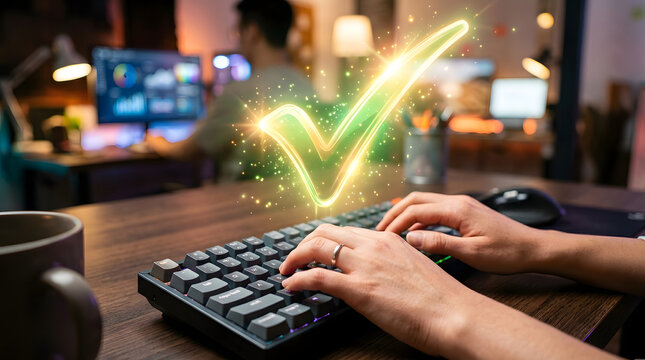 Hand typing on keyboard with glowing green checkmark and sparkles, concept of success, approval, or task completion.