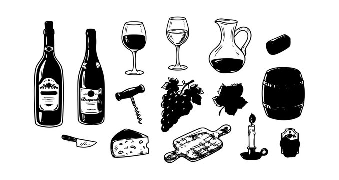 Hand drawn wine bottles glasses and grape doodle collection in Italian style