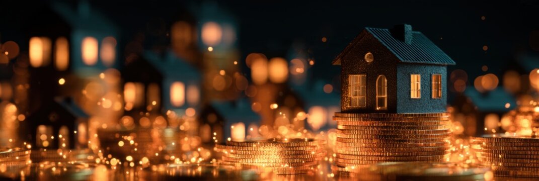 Concept art displays abstract property assets that generate rental income streams while values appreciate over time in a dark setting.