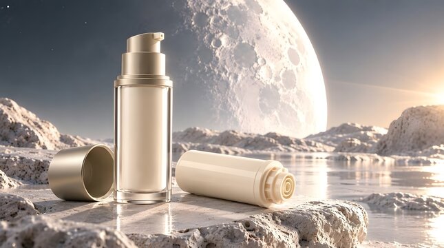 Refillable Skincare Packaging on a Surreal Lunar Landscape