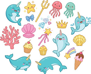 Cute narwhal and underwater fairy tale vector cartoon character collection set with jellyfish sea shells crown and sweets © BULU