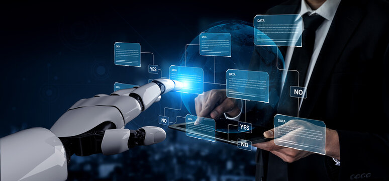 A robot arm engages with a digital data interface while a businessman uses a tablet in a modern workspace, highlighting the confluence of technology and human interaction. Nascent