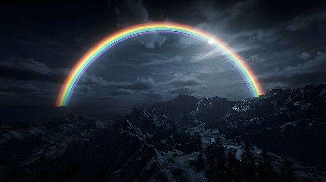 background marketing logo design vector featuring a vibrant rainbow over dark mountains