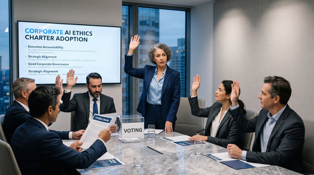 Diverse business team raising hands for voting on AI ethics charter in modern boardroom, ideal for corporate governance, leadership and decision-making