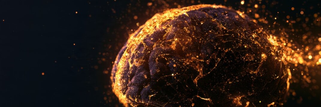 Cerebrospinal fluid flows as amber stream through dark brain tissue, rinsing waste and supporting sleep longevity in a 3D concept.