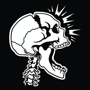Screaming skull side view with spine, vector illustration, white on black background.