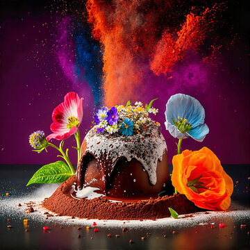 Dark chocolate cake with white glaze and vibrant flowers. Festive dessert with a colorful powder explosion background