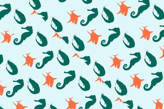 Cute seamless pattern with silhouette seahorses, shrimps, and starfish on light blue background