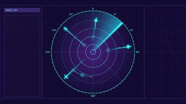 Advanced digital tactical flight tracking radar display interface dynamic aircraft position vectors glowing concentric scanning circles aerospace control panel telemetry software design