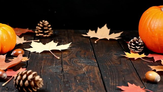 Autumn still life with orange pumpkins pine cones and dry fallen leaves on dark wooden surface