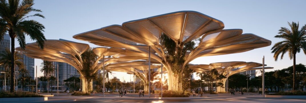 Large tree-like structure in urban park uses solar panel leaves to gather energy as the sun sets, providing a sustainable energy source.