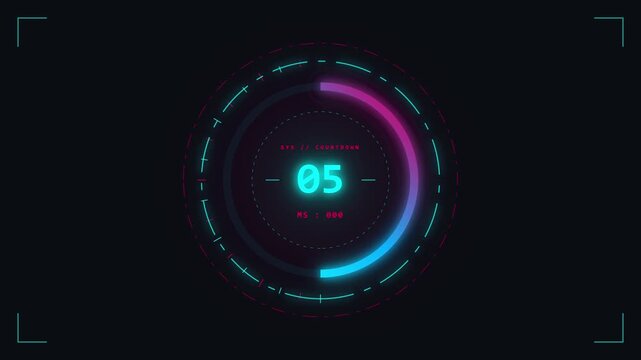 Futuristic HUD user interface with glowing countdown timer and digital number five on dark background