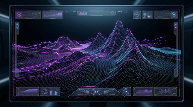 Futuristic widescreen digital dashboard interface visualizing grand topographic wireframe terrain high mountain peak lines abstract cyber data stream paths network software screen
