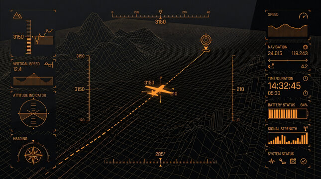 Aircraft navigation overlay telemetry interface tracking drone flight glide path dark wireframe digital landscape matrix graphics advanced aerospace avionics software dashboard screen