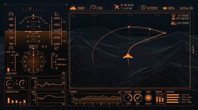 Aircraft navigation overlay telemetry interface tracking drone flight glide path dark wireframe digital landscape matrix graphics advanced aerospace avionics software dashboard screen