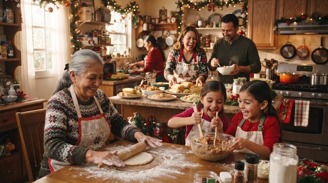Family preparing Christmas dinner together
