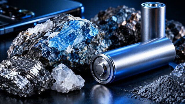 Critical Minerals Sourcing for Lithium Battery Concept, Featuring Raw Ore and Cylindrical Cell on Dark Surface.