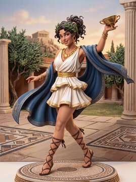 figurine of a Greek goddess wearing a white and blue chiton with a laurel wreath in her dark hair.