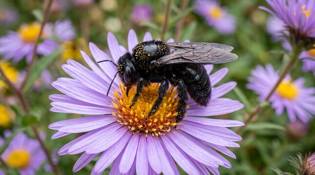 A close-up macro shot captures a large, fuzzy carpenter bee diligently collecting nectar from a vibrant purple aster flower.