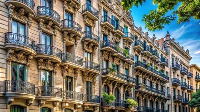 Elegant Eixample architecture with ornate balconies and intricate stonework