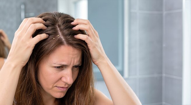 Woman scratching her itchy scalp with brown hair. Close up of female head with visible tiny nits and head lice infestation. Health and hygiene concept