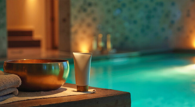 Tibetan brass singing bowl with towel and white cosmetic tube on wooden edge beside indoor swimming pool. Warm ambient lighting and turquoise water reflections in luxury resort spa wellness center