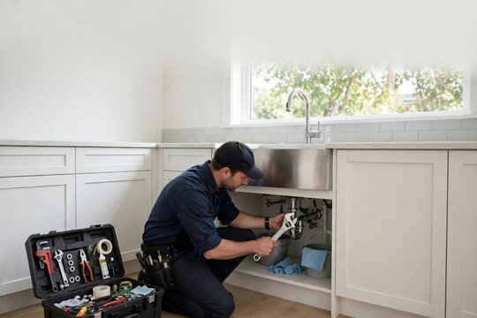 Plumber fixing pipes under a kitchen sink with wrench and toolbox
