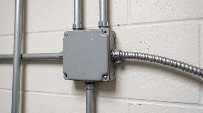 Electrical junction box and metal conduits represent commercial building engineering.
