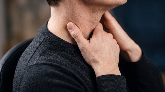 Man touching neck with hand feeling sore throat pain and discomfort