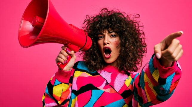 Energetic young woman with curly hair shouting through red megaphone toward camera, demanding attention making a loud announcement against bright pink backdrop while wearing colorful patterned sweater