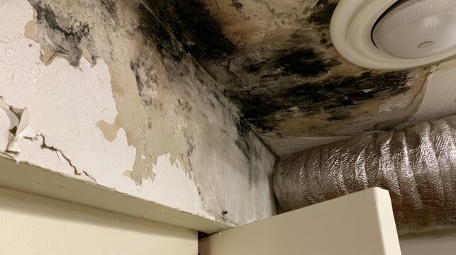 Interior ceiling corner with extensive water leak damage, black mold growth, peeling paint and insulated ventilation duct near a light fixture, showing building deterioration and moisture problems