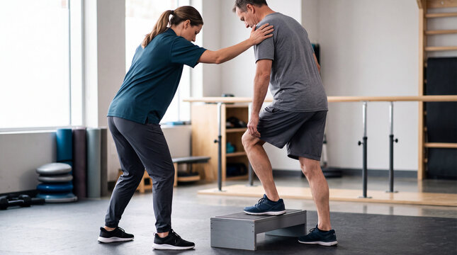 Physical therapist assisting male patient with exercise step in clinic