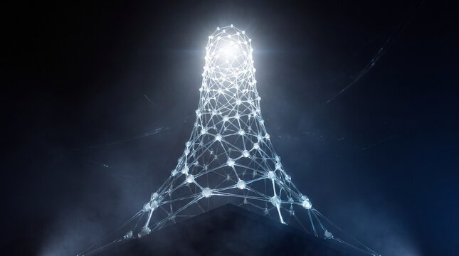 Abstract digital tower structure made of glowing nodes and connecting lines representing network communication and futuristic technology in a dark environment