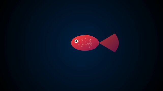 Red fish swimming gracefully in dark water with glowing spots and simple minimalist design vector graphic illustration