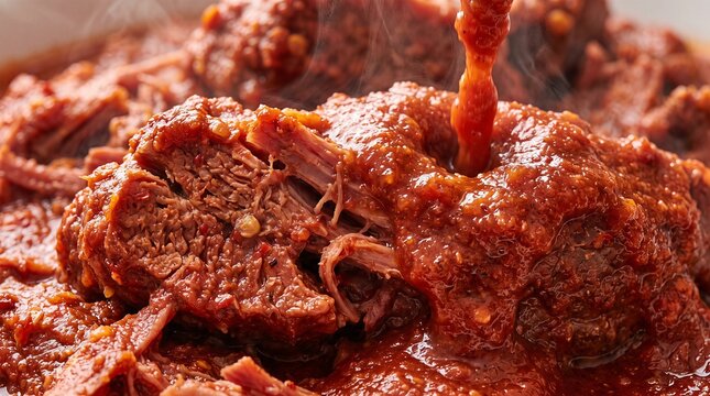 Pouring spicy red chile sauce over slow cooked carne adovada beef chunks