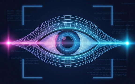 Digital futuristic eye wireframe graphic scanning data in dark blue tech interface
