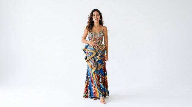 Joyful woman in a vibrant patterned maxi dress with ruffles and a white background
