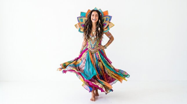 Joyful woman in vibrant bohemian dress and headdress dancing with flowing fabric against white background
