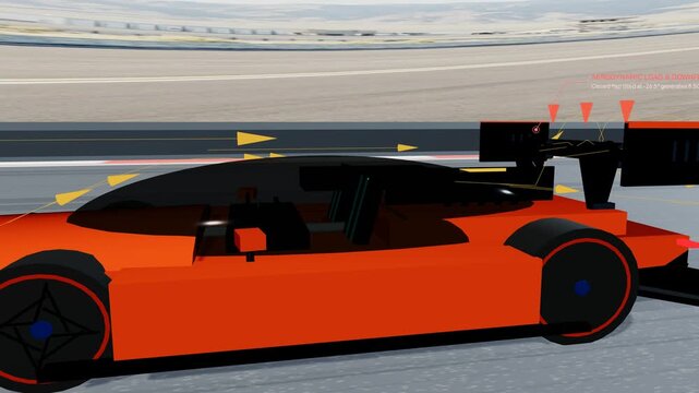 3D animation of a high-performance race car demonstrating active aerodynamics, featuring a Drag Reduction System rear wing, aerodynamic load, downforce, and ground effect annotations